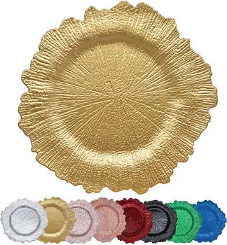 13 inç Altın yemek tabakları,Yuvarlak Plastik Resif Plaka Şarj Yemek Tabakları, Düğün, Parti Zarif Dekorasyon