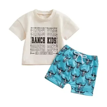 Yürüyor Yenidoğan Bebek Bebek Erkek Giysileri Setleri İnek Baskı T-shirt Mavi Şort Kıyafetler Yaz Giyim