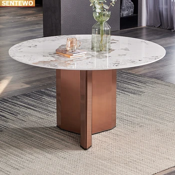 Tasarımcı Lüks yuvarlak yemek Mermer Kaya Döşeme yemek masası seti 8 sandalye mesa de jantar bir yemlik marbre Paslanmaz çelik altın taban