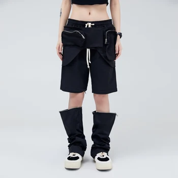 Orijinal Siyah Rahat Kargo Pantolon Kadınlar için Moda Çıkarılabilir Tasarım Düz Pantolon Harajuku Geometri Cepler Zip Pantolon