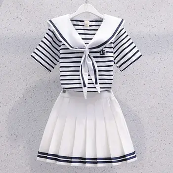 Yaz Kız Elbise Kore Tarzı Denizci Yaka Şerit Kısa Kollu + Pilili Etek 2 Adet Takım Elbise Jk Üniforma Etek Kıyafetler Kız için 3-13
