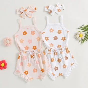 FOCUSNORM 0-18M Güzel Bebek Kız Giysileri Setleri 3 adet Çiçek Baskı Kolsuz Romper Fırfır Şort saç bandı seti