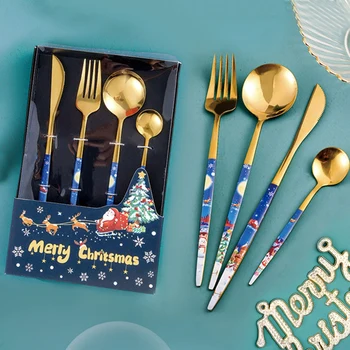 4 adet Altın Noel Yemek takımı Seti Paslanmaz Çelik Bıçak Çatal Kaşık Lüks Çatal Taşınabilir Yemek Takımı Mutfak Malzemeleri