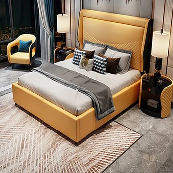 Işık lüks deri masif ahşap yatak yatak odası post-modern ve basit 1.8 m yumuşak paketlenmiş yatak italyan ana yatak odası turuncu çift