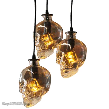 Vintage kafatası kolye ışıkları şeffaf cam şişe Led asılı lamba ev dekor yemek odası için endüstriyel armatür ışıkları fikstür