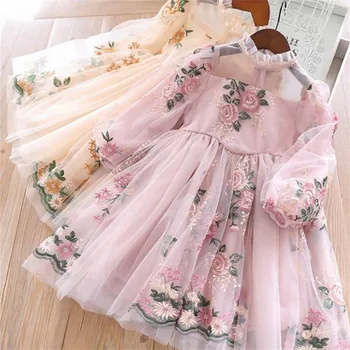 Yeni Kızlar Zarif Elbise Düğün Parti Prenses Elbise Rahat Kız Elbise Uzun Kollu Çiçek Nakış çocuk Vestido 3 8Y