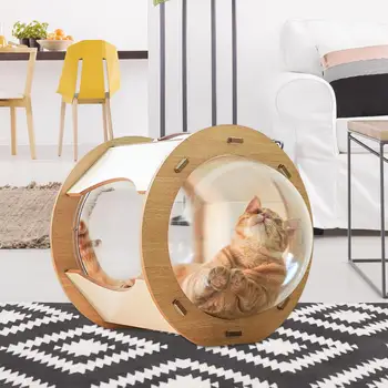 Uzay gemisi Görünüm Kedi Yuva ile scratch post Çıkarılabilir Yastık, Ahşap Kaplama ile Şeffaf Akrilik Kubbe Fonksiyonel