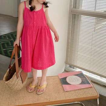 Yaz giysileri Kızlar Düz Renk Kolsuz tatil elbisesi Oymak Patchwork Düğme çocuk Tatlı Sling Elbiseler Çocuklar
