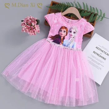 2023 Yaz Yeni Kız Karikatür Elbise Dondurulmuş Moda çocuk Elsa Prenses Bebek Kız Toddler Kısa Kollu Sevimli Parti Elbiseler