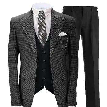 Erkek Siyah Takım Elbise Ekose Ceket Yelek Pantolon Moda Butik Rahat Iş Erkek Damat Düğün Smokin Elbise 3 Parça Set Blazers