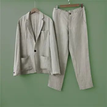 Keten Takım Elbise Seti Erkek İlkbahar Sonbahar Yaz Rahat Blazer Gevşek Pamuk Keten İki Parçalı Set İnce Tarzı Ceket Üst Ve Pantolon Pantolon