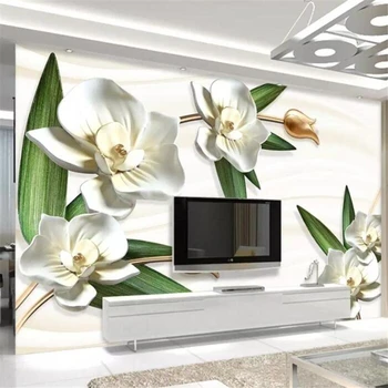 beibehang Özel duvar kağıdı oturma odası yatak odası duvar 3D stereo lüks beyaz güve orkide kabartmalı TV dekoratif arka plan