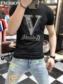 Yaz Erkek Lüks Elmas T-Shirt Tasarımcı Taklidi Kısa Kollu İnce Ekip Boyun Casual Gömlek Tee Penye Pamuk, S-5XL