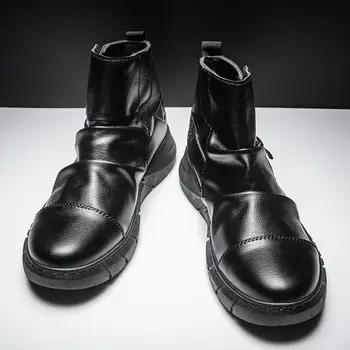 2023 Kış Yeni Siyah erkek Yüksek Top İngiliz Tarzı deri Çizmeler deri ayakkabı Kore Tarzı Moda Tüm maç iş çizmeleri