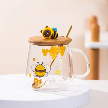Arı Karikatür Cam Kaşık süt kupası Kahvaltı Fincan Kahve Kupalar Ücretsiz Kargo Şeffaf Cam Bardak Güzel çay fincanları Çift Hediye