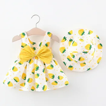 Bebek Çocuk Etek Bebek Kız Küçük Taze Büyük Çilek Baskı Elbiseler Kız Prenses Elbiseler 3 Yaş Ücretsiz Gönderilen Şapkalar 2021 Yaz