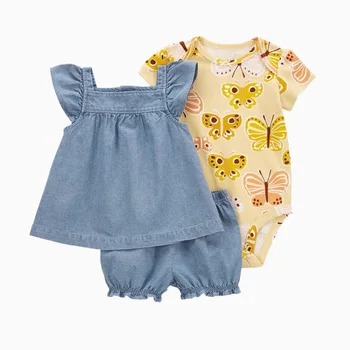 Yenidoğan Bebek Bebek Kız Giysileri Setleri pamuklu üst giyim + Tulum + Pantolon Yaz Toddler Kız Elbise + Bodysuit + Şort 3 ADET
