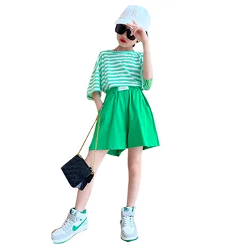 Genç Kızlar Kıyafetler Set Yaz Yuvarlak Boyun Çizgili T-shirt + Elastik Bel Şort 2 adet Moda Koreli çocuk giyim 4-14 Yıl