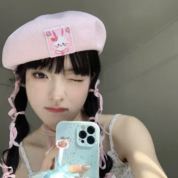 Kore Orijinal Kız Çok Yönlü Sevimli Bere Kap Bahar Yaz İnce Nefes Karikatür Yama İşlemeli Tatlı Kadın Ressam Şapka