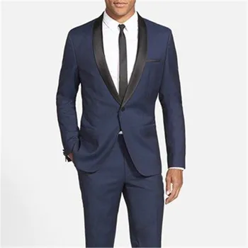 Özel Lacivert Erkek Takım Elbise Düğün İçin Siyah Şal Yaka 2 Adet(Ceket+Pantolon+Kravat)moda Custom Made Masculino Blazer Pantolon