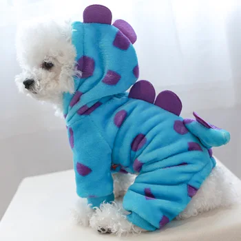 Sonbahar ve Kış Yeni Polar Astarlı Sıcak Köpek Giyim Mavi Renk Dört Ayaklı Dinozor Şekilli Pet Kostüm Köpek Giysileri Kış