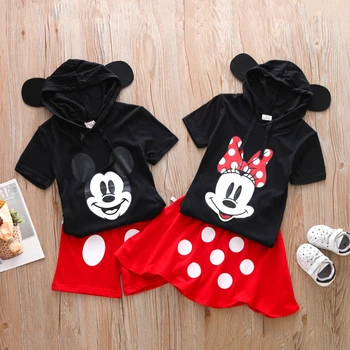 Erkek ve Kız Mickey Mouse Kapşonlu Kısa Kollu Şort Etek Takım Elbise Yaz Yeni Erkek ve Kız İnce Hafif Ev 2 adet Set