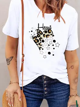 Giyim Üst Leopar Aşk Kalp Trend Kısa Kollu Kadın Moda yaz giysileri Baskı T Shirt Temel Tee Grafik T-Shirt
