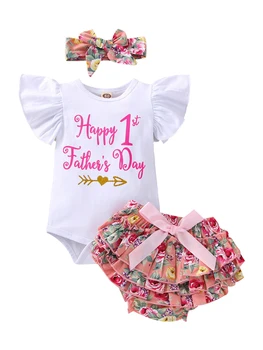 Pcunitly Bebek Kız 1st Babalar Günü Kıyafet Benim Ilk Babalar T Gömlek Romper Çiçek Şort Sevimli Yaz Giysileri Set