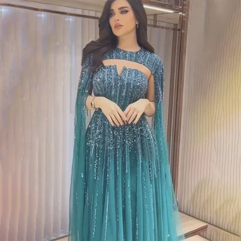 Serene Tepe Arapça Yeşil Pelerin Kollu Bir Çizgi Boncuklu Abiye Uzun 2023 Ünlü Abiye Kadınlar İçin Düğün Parti CLA71912