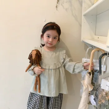 Kore tarzı 2022 Bahar pamuk açık yeşil sevimli gevşek uzun kollu bluz kızlar için yumuşak rahat Üstleri giysi