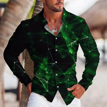 Vintage Moda Gömlek Erkekler İçin Rahat Yıldız Baskı Büyük Boy Uzun Kollu Düğme Üst erkek giyim Plaj camisas y blusas Lüks
