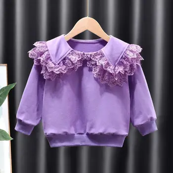 Kızlar İçin Yeni Dantel Yaka Hoodie Kız Bebek Bahar Sonbahar Saf Renk Bluz Küçük Çocuk Bebek Gömlek Tatlı