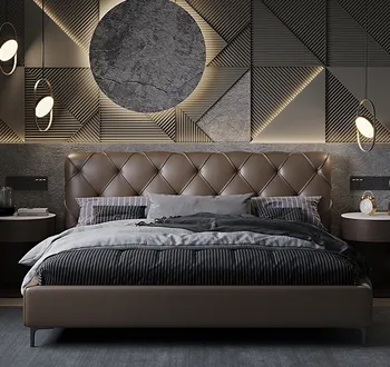Hakiki deri yatak Basit modern üst katman inek deri high-end ışık lüks ana yatak odası kral yatak İtalyan minimalist 2m x 2m