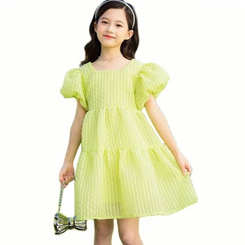 Kızlar yaz elbisesi Düz Renk Elbise Kız Çekme Kollu Çocuk Elbise Rahat Tarzı Kostüm Kız 6 8 10 12 14
