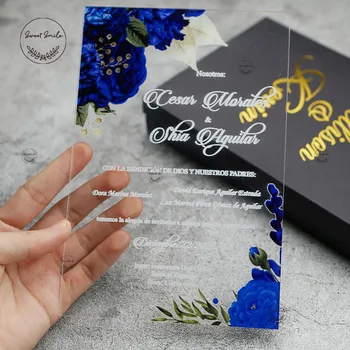 Lacivert çiçek davetiye mariage faire bölüm de mariage pleksiglas davetiye kişiselleştirilmiş davetiyeleri akrilik kartları