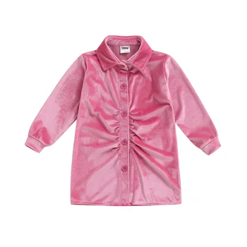 Çocuklar Bebek Kız Kadife Gömlek Elbise Rahat Düz Renk Uzun Kollu Yaka Düğme aşağı Dantelli Elbiseler Çocuk Kız Giysileri 1-6Y
