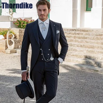 Thorndike Ince Sabah Tarzı Damat Smokin Tepe Yaka Erkek Takım Elbise Düğün Balo Elbise traje de hombre elegante ( Ceket + Pantolon + Yelek)