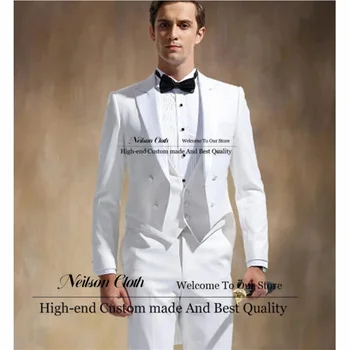 Moda Beyaz TailCoat Erkek Takım Elbise Doruğa Yaka Damat Düğün Smokin 3 Parça Setleri Erkek Balo Blazers Slim Fit Terno Masculino