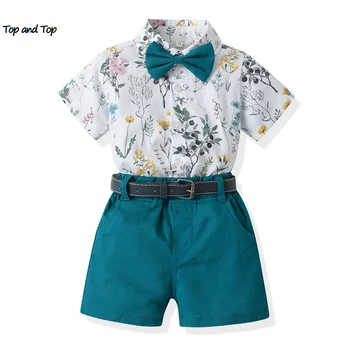 üst ve üst Yeni Moda Yürümeye Başlayan Erkek Beyefendi giyim setleri Kısa Kollu Papyon Gömlek Tops+Şort Kemer Çocuk Takım Elbise