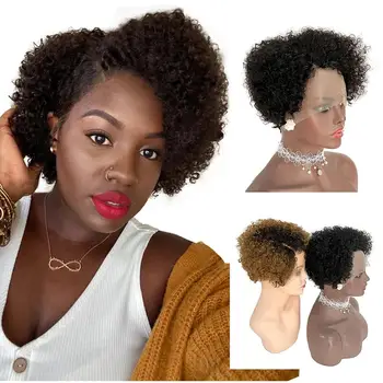 Kısa Afro Kinky Kıvırcık dantel ön peruk ombre kahverengi siyah kök yan ayrılık peruk remy insan saçı peruk