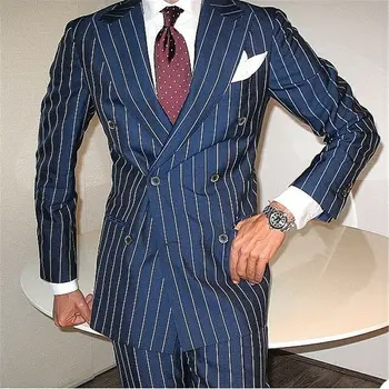 YİWUMENSA Klasik Akıllı Rahat Iş Erkek Takım Elbise Damat Iş Elbisesi 2 Adet Slim Fit Kruvaze Mavi Ceket Pantolon