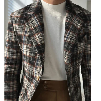 Yün Klasik Vintage Ekose Blazer Sonbahar / kış yün takım elbise ceket beyefendi mizaç iş ince günlük erkek üst