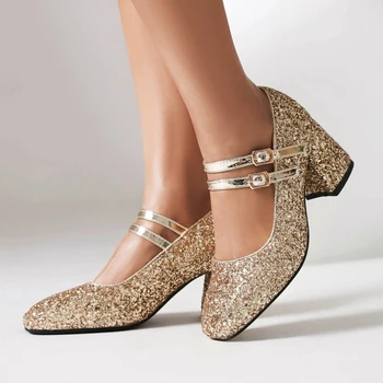 Lüks kadın Yüksek Topuklu Mary Janes Ayakkabı Payetli Altın Gümüş Topuklu Parti Gelin Düğün Ayakkabı kadın elbisesi Pompaları Büyük Boy