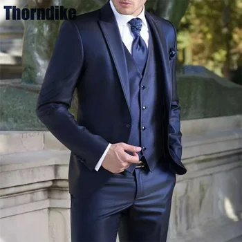 Thorndike 2022 Moda Rahat Custom Made Damat Smokin Donanma Tepe Yaka düğün elbisesi Balo Elbise Kostüm Homme (Ceket + Pantolon + Yelek)