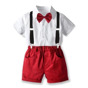 Yürüyor Boys yaz giysileri Çocuk Kıyafet Bebek Setleri Beyaz Gömlek + Kırmızı Şort Jartiyer 4 Adet Çocuk Kostüm