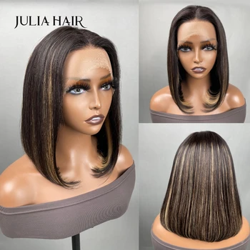 Julia Saç 13x4 Dantel Frontal Siyah Düz Bob peruk İnce Sarışın Vurgular Tutkalsız sırma insan saçı Peruk Bebek Saç ile