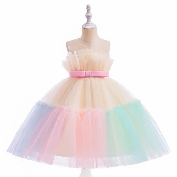 Yeni Yıl Kızlar Gökkuşağı Prenses Elbise Tül Kabarık Düğün Balo elbisesi Zarif Çocuklar İçin doğum günü elbiseleri Kız Resmi Vestidos