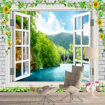 Özel Ev Dekor 3d Duvar Kağıtları Duvar Resimleri için Oturma Odası Masaüstü Duvarlar Kağıt İletişim Kabuğu Sopa Tuğla Doğa Göl Pencere Ruloları