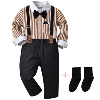 Sonbahar Bebek Giysileri Set Erkek Çizgili Papyon Uzun Kollu Gömlek Askı Pantolon Beyefendi Takım Elbise Doğum Günü Partisi Yakışıklı Giyim