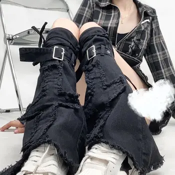 Bandaj Kemer kadın Körüğü Punk Denim Çizmeler Kapak Siyah Gotik Çapraz bacak ısıtıcıları Koyu Academia Sıcak Kış Diz üstü çorap Kız
